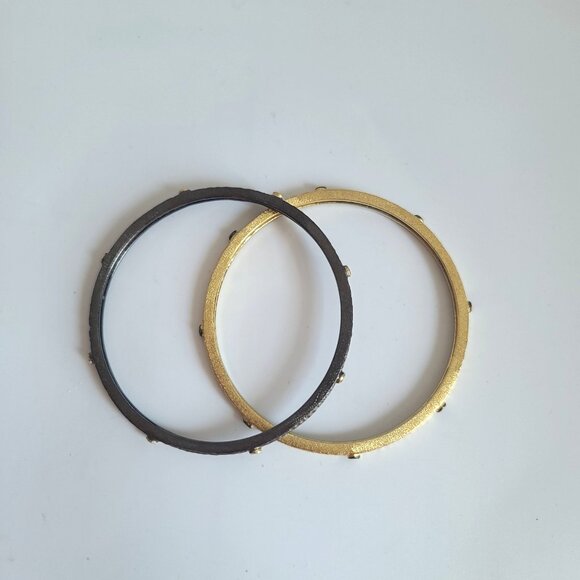 Gold & Black Textured Bangle Bracelet w CZ Accents, Interlocking Set of Two - Picture 6 of 6